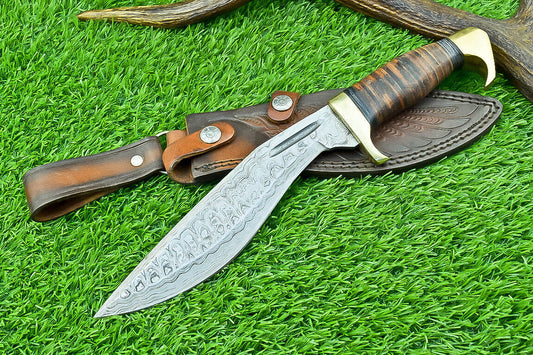 12 Inch Handmade Damascus Kukri Knife with Leather Handle