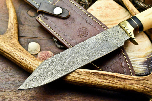 12" Handmade Damascus Bowie Knife – Stained Camel Bone Handle with Leather Sheath