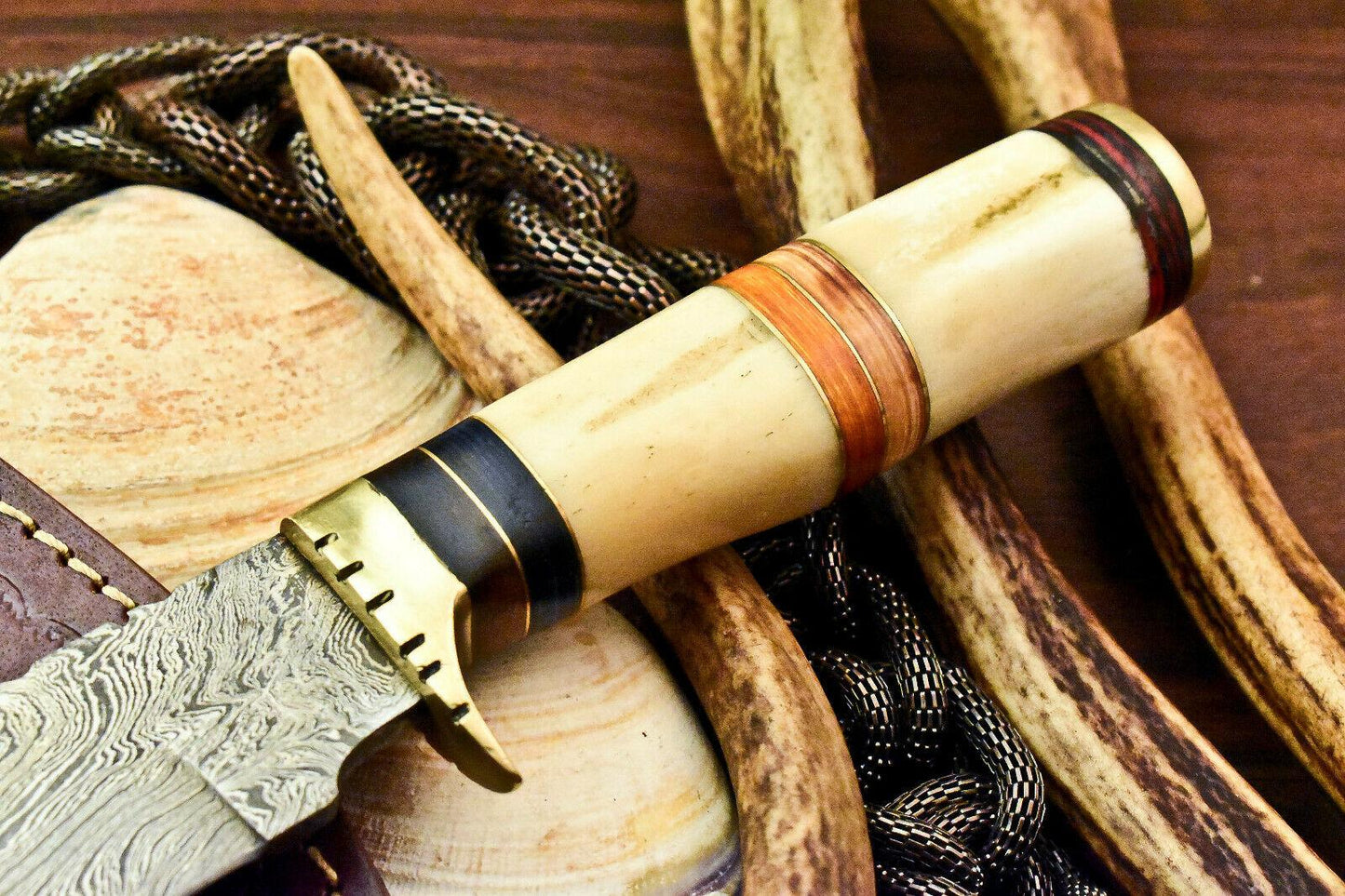 12" Handmade Damascus Bowie Knife – Stained Camel Bone Handle with Leather Sheath