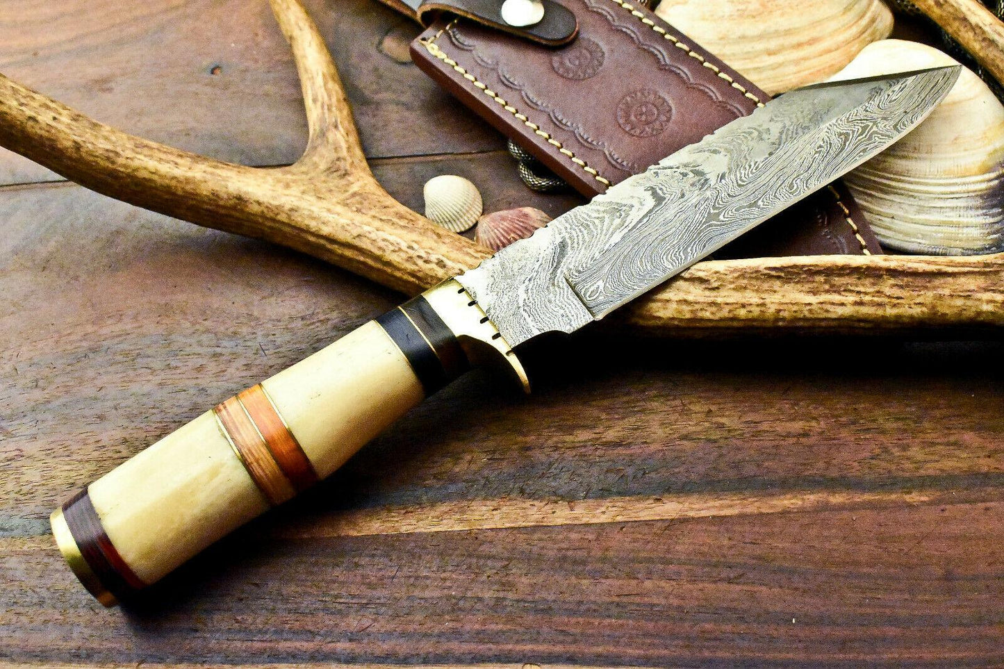 12" Handmade Damascus Bowie Knife – Stained Camel Bone Handle with Leather Sheath