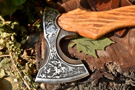 Handmade High Carbon Steel Etched Vikings Hatchet Axe – Olive Wood Handle