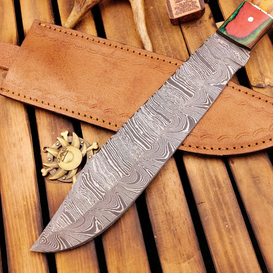 15 Inch Hand Forged Damascus Bowie Knife with Wood Handle and Leather Sheath