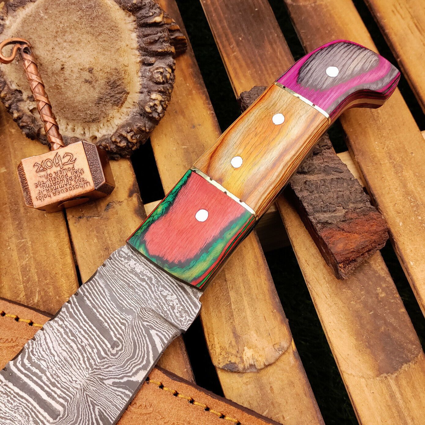 15 Inch Hand Forged Damascus Bowie Knife with Wood Handle and Leather Sheath