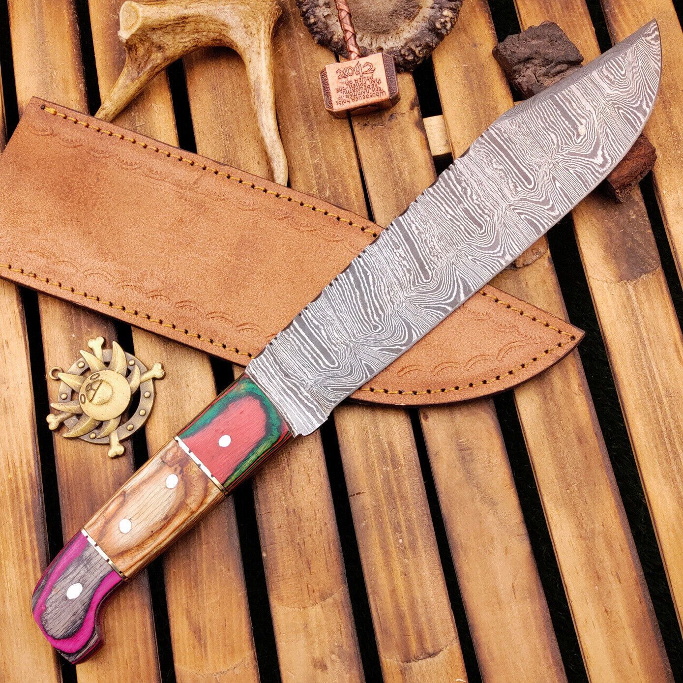 15 Inch Hand Forged Damascus Bowie Knife with Wood Handle and Leather Sheath