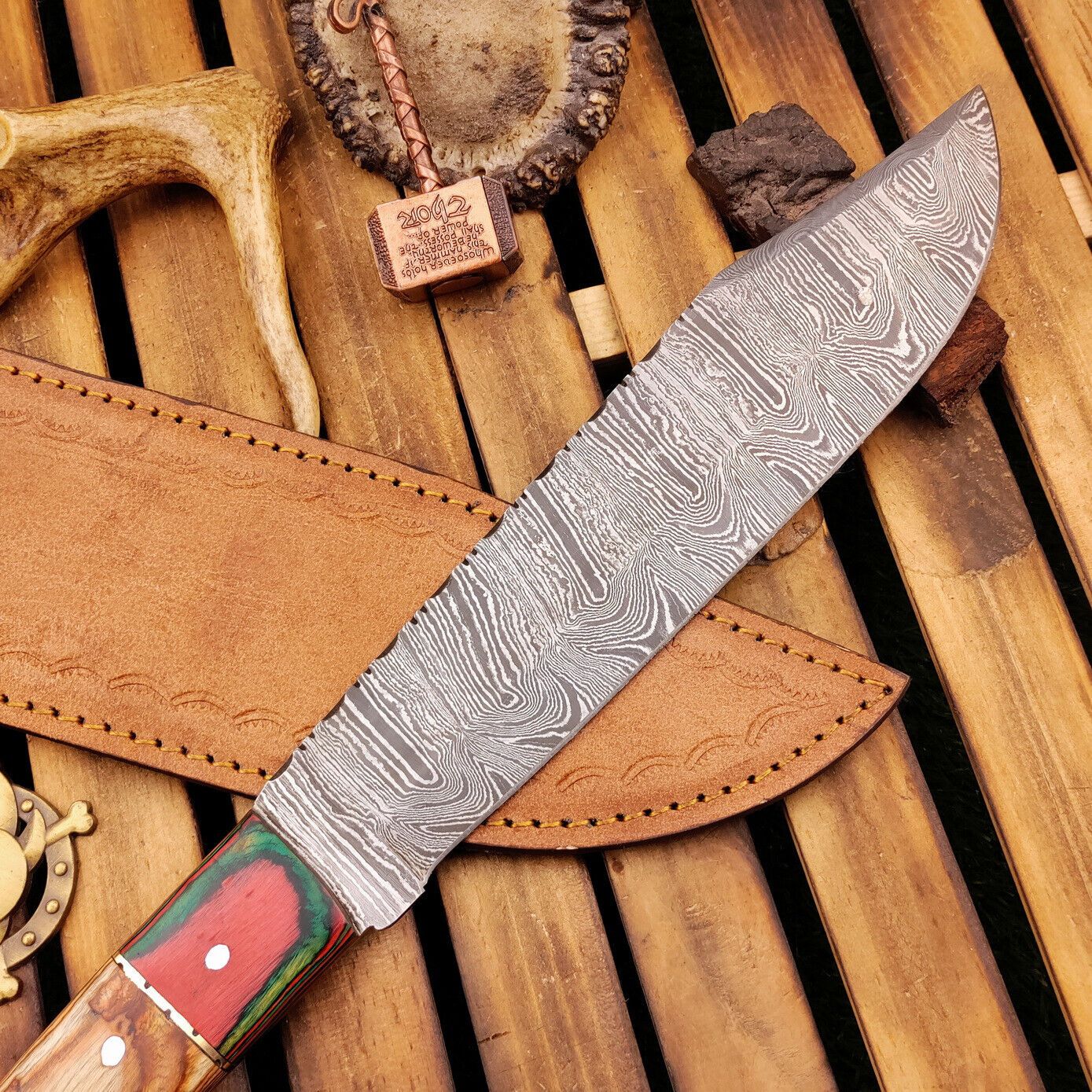 15 Inch Hand Forged Damascus Bowie Knife with Wood Handle and Leather Sheath