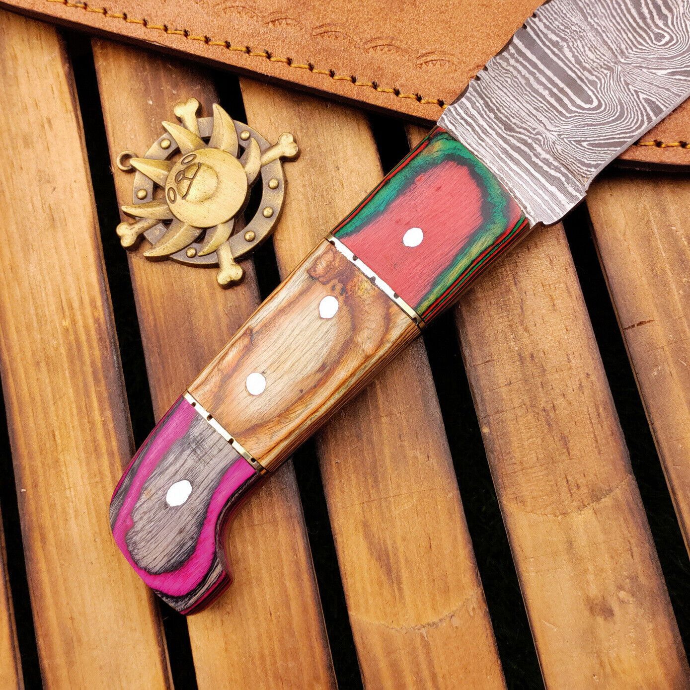 15 Inch Hand Forged Damascus Bowie Knife with Wood Handle and Leather Sheath