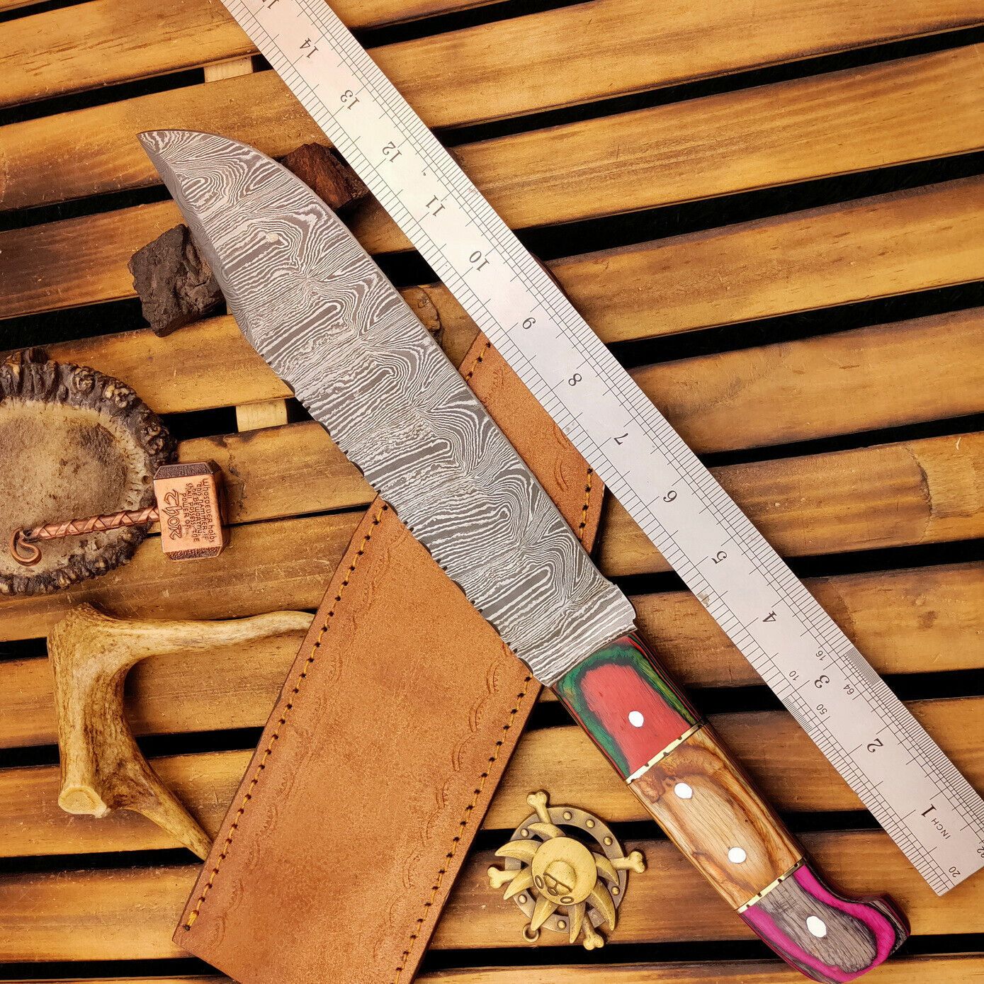 15 Inch Hand Forged Damascus Bowie Knife with Wood Handle and Leather Sheath