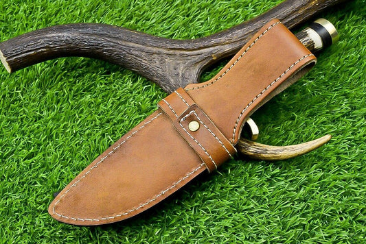 10" Handmade Damascus Steel Bowie Knife with Stag Antler & Wood Handle