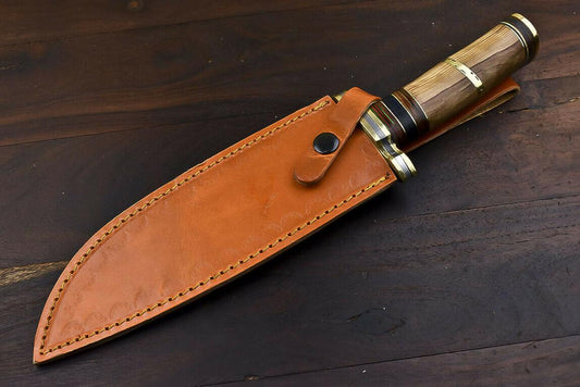 12.6" Handmade Damascus Bowie Knife – Olive Wood Handle & Leather Sheath