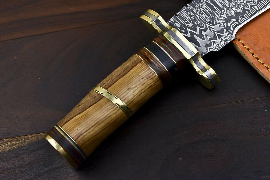 12.6" Damascus Steel Bowie Knife with Olive Wood Handle