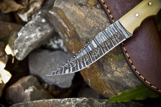 Custom Twist Damascus Skinner Knife Bone and Wood Handle – 8.5" Handmade Camping Hunting Knife