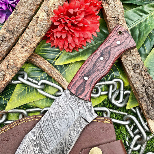 Custom Handmade Damascus Steel Full Tang Tracker Hunting Knife with Wood Handle & Leather Sheath – EDC Fixed Blade