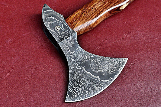 Handmade Damascus Axe with Walnut Wood Handle and Twist Pattern Steel