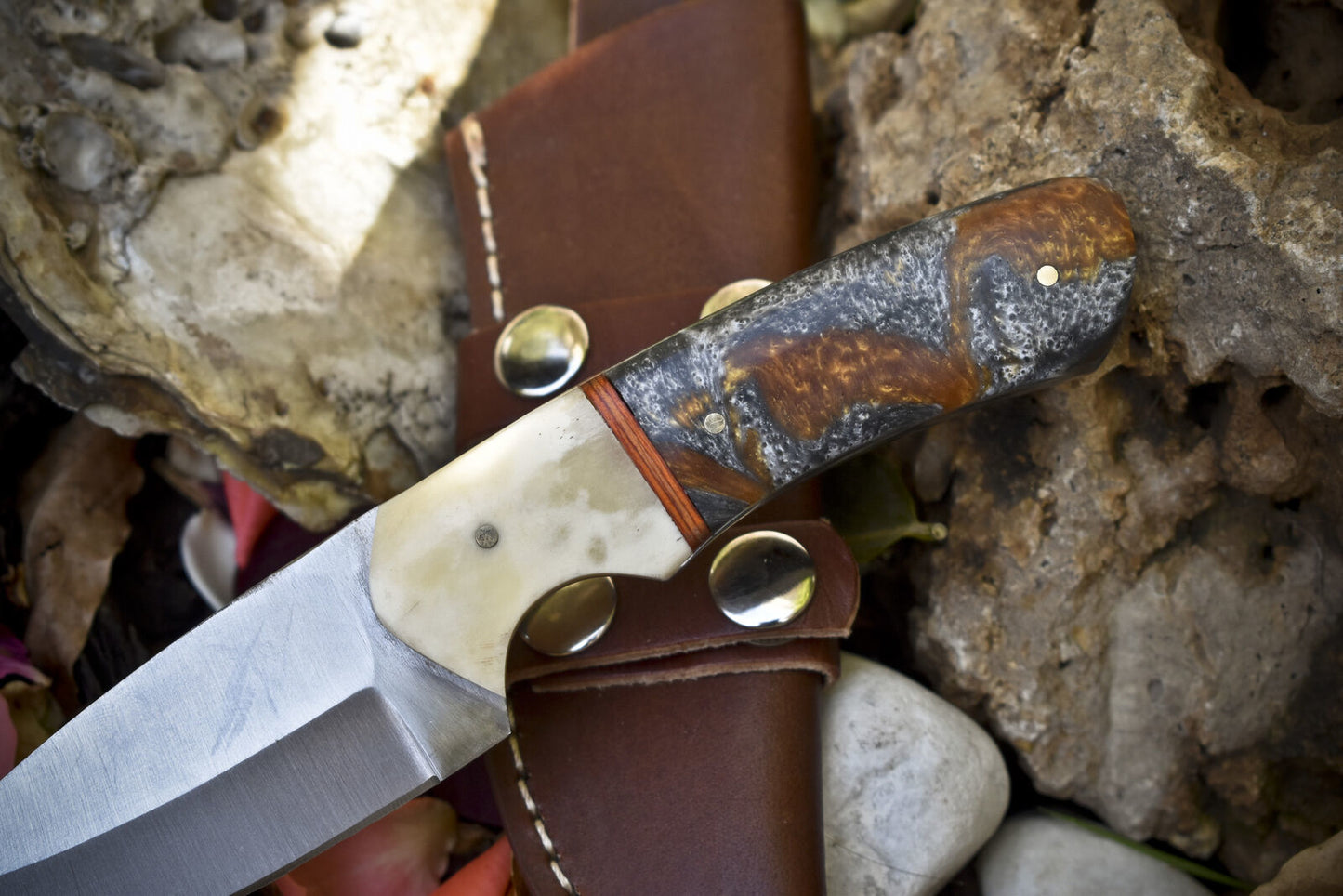 8" Hand Forged Skinner Knife – 440C Steel Corian Handle with Leather Sheath, Hunting & Outdoor Use