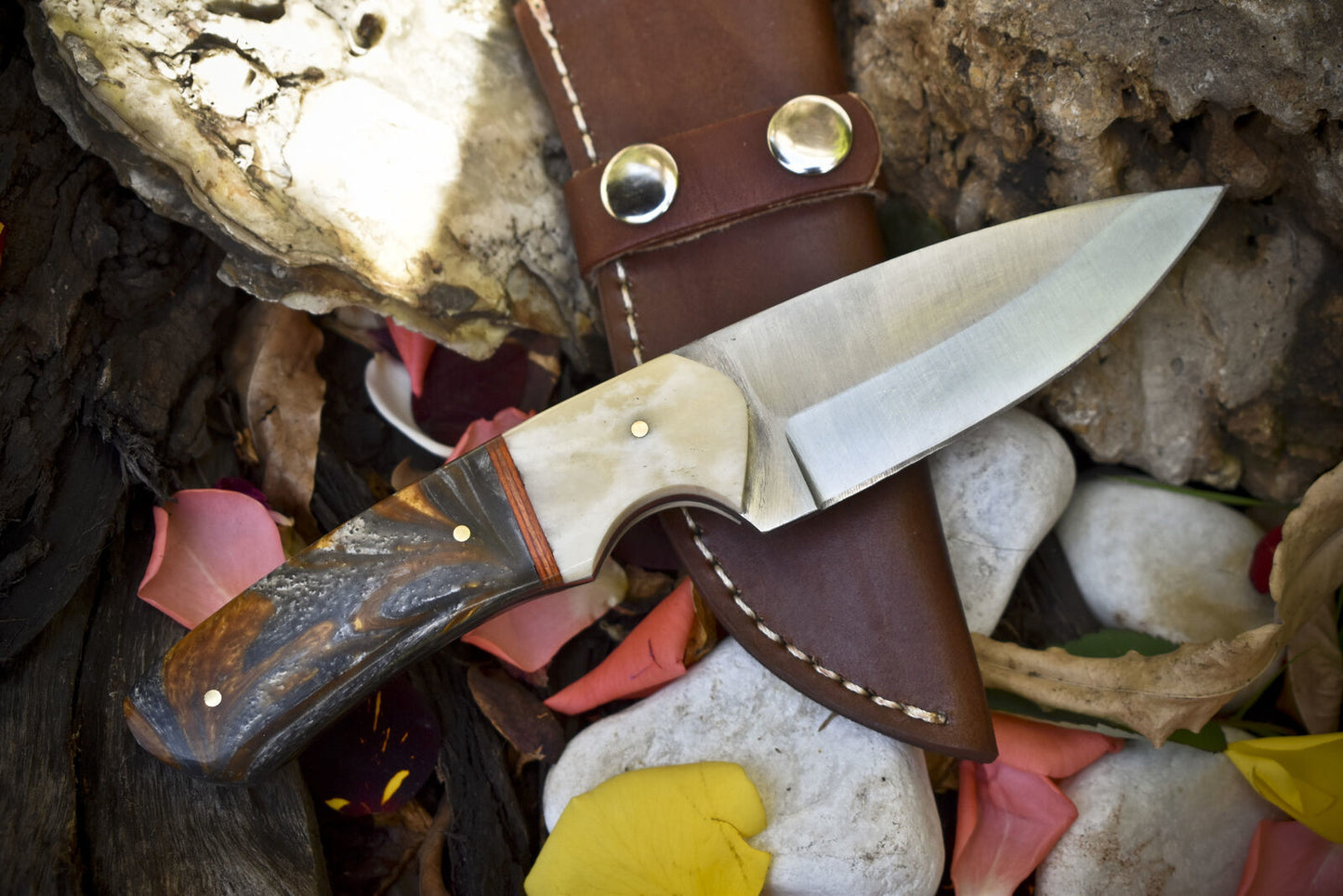 8" Hand Forged Skinner Knife – 440C Steel Corian Handle with Leather Sheath, Hunting & Outdoor Use