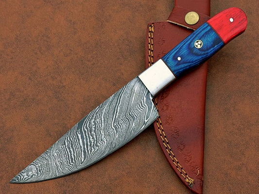 Custom Handmade Damascus Steel Chef Knife – BBQ Special Knife with Natural Wood Handle and Leather Sheath