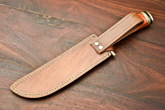 13.5" Damascus Bowie Knife – Hardwood Handle & Leather Sheath