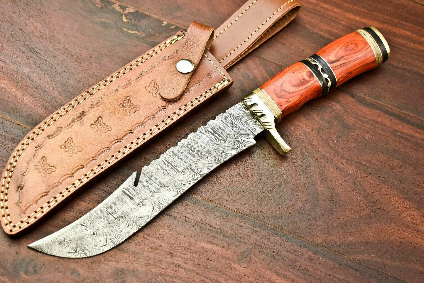 13.5" Damascus Bowie Knife – Hardwood Handle & Leather Sheath