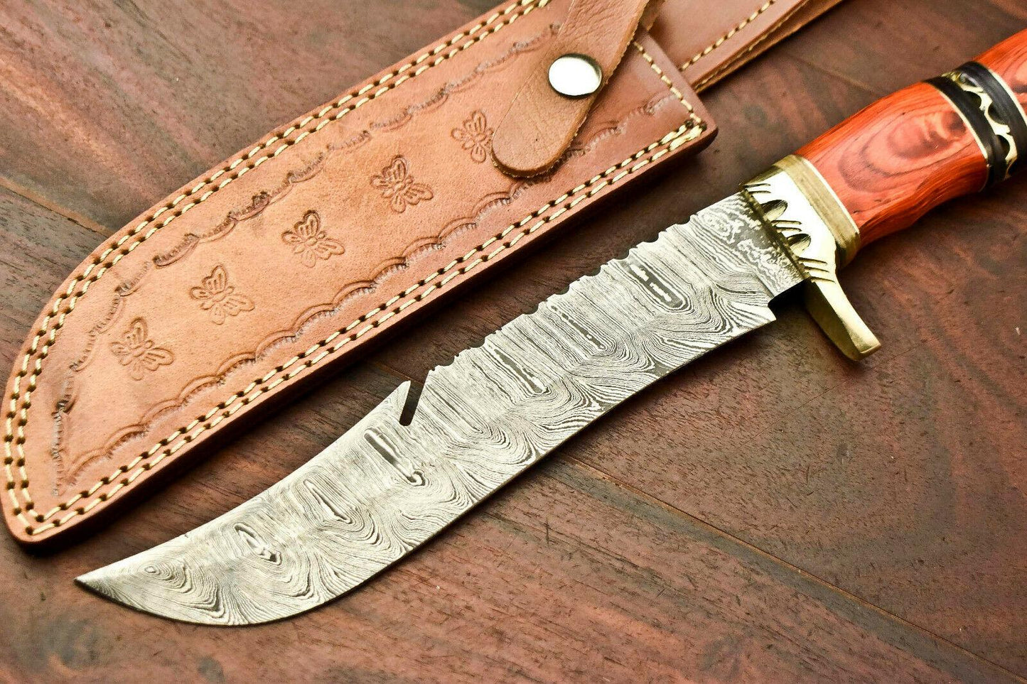 13.5" Damascus Bowie Knife – Hardwood Handle & Leather Sheath