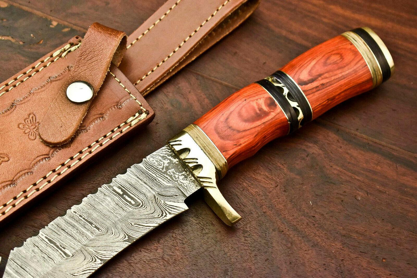 13.5" Damascus Bowie Knife – Hardwood Handle & Leather Sheath