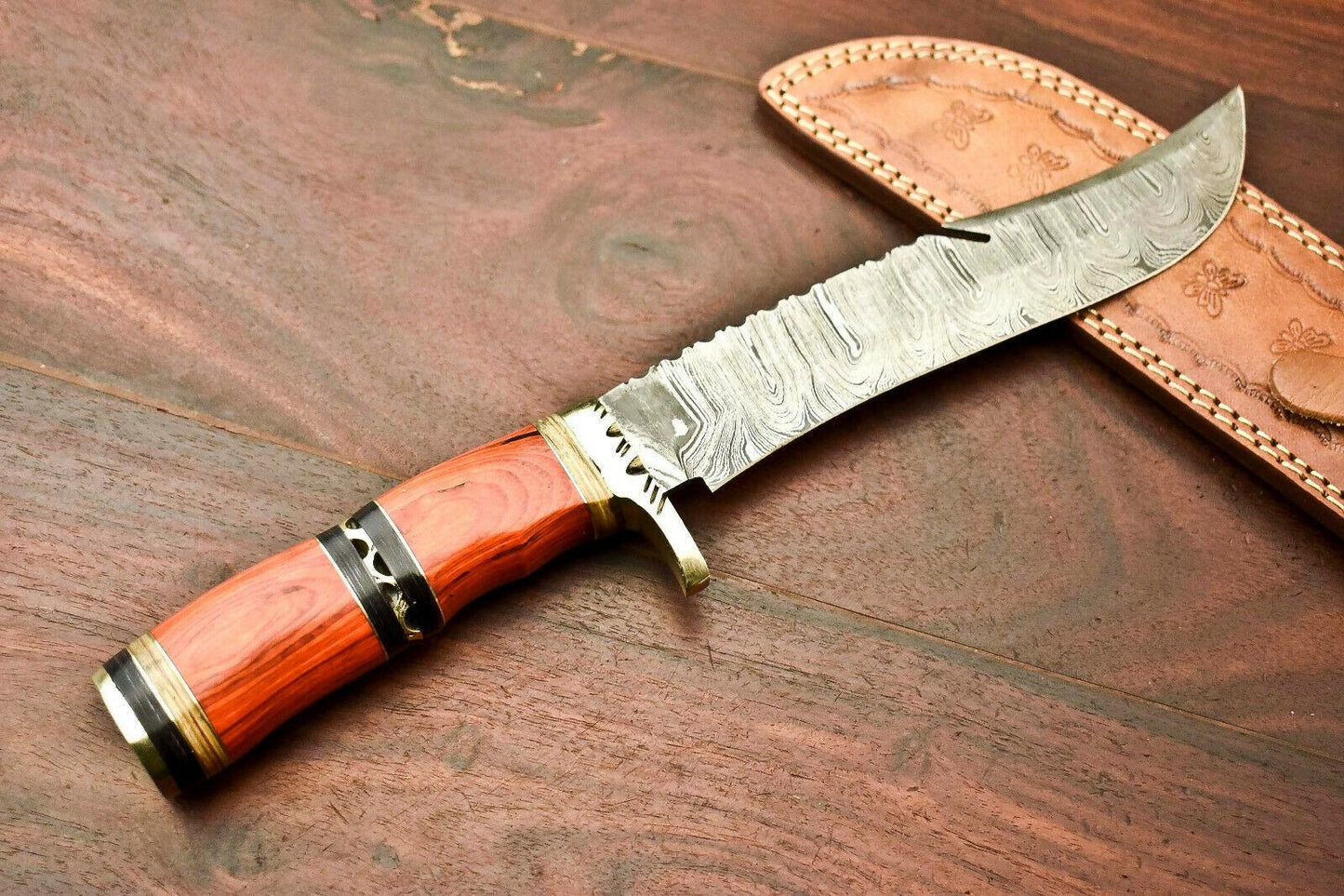 13.5" Damascus Bowie Knife – Hardwood Handle & Leather Sheath