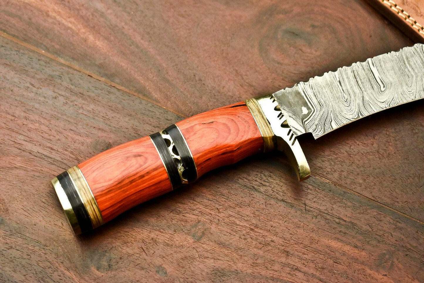 13.5" Damascus Bowie Knife – Hardwood Handle & Leather Sheath