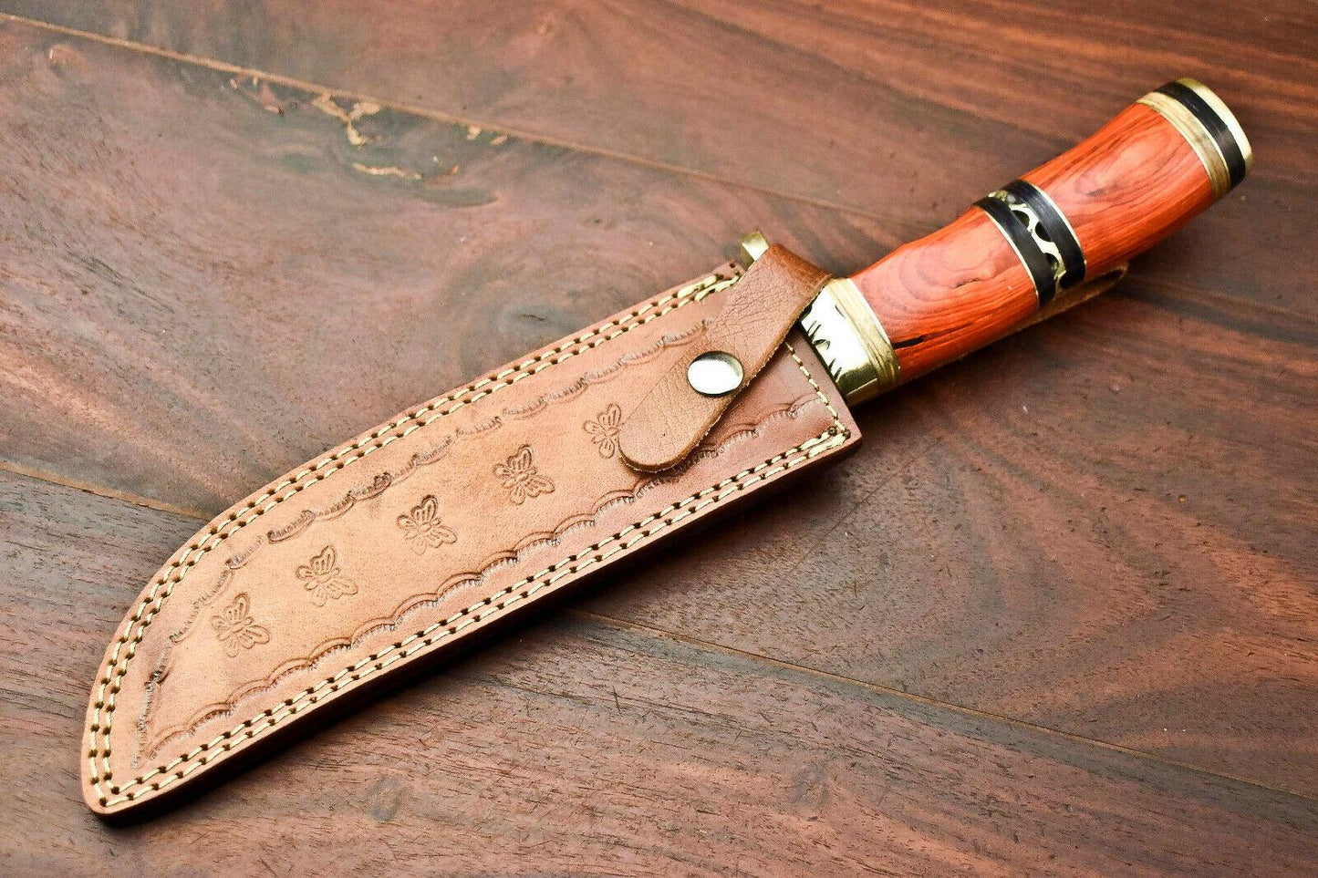 13.5" Damascus Bowie Knife – Hardwood Handle & Leather Sheath