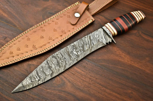 16" Handmade Custom Bowie Knife Damascus Steel Knife with Hardwood Handle & Sheath