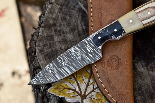 8" Forged Twist Damascus Skinner Knife Bone and Wood Handle Tactical Blade
