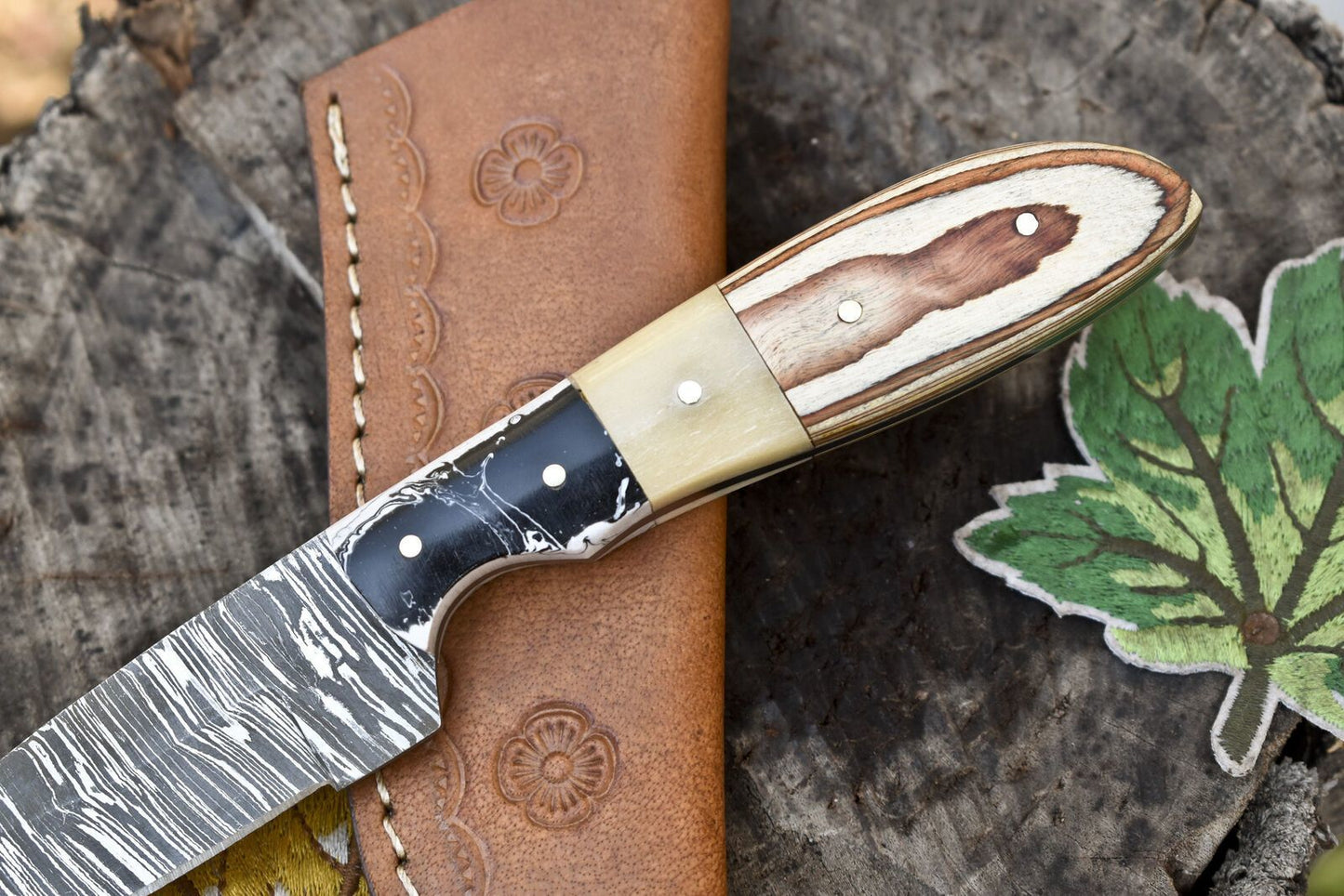 8" Forged Twist Damascus Skinner Knife Bone and Wood Handle Tactical Blade
