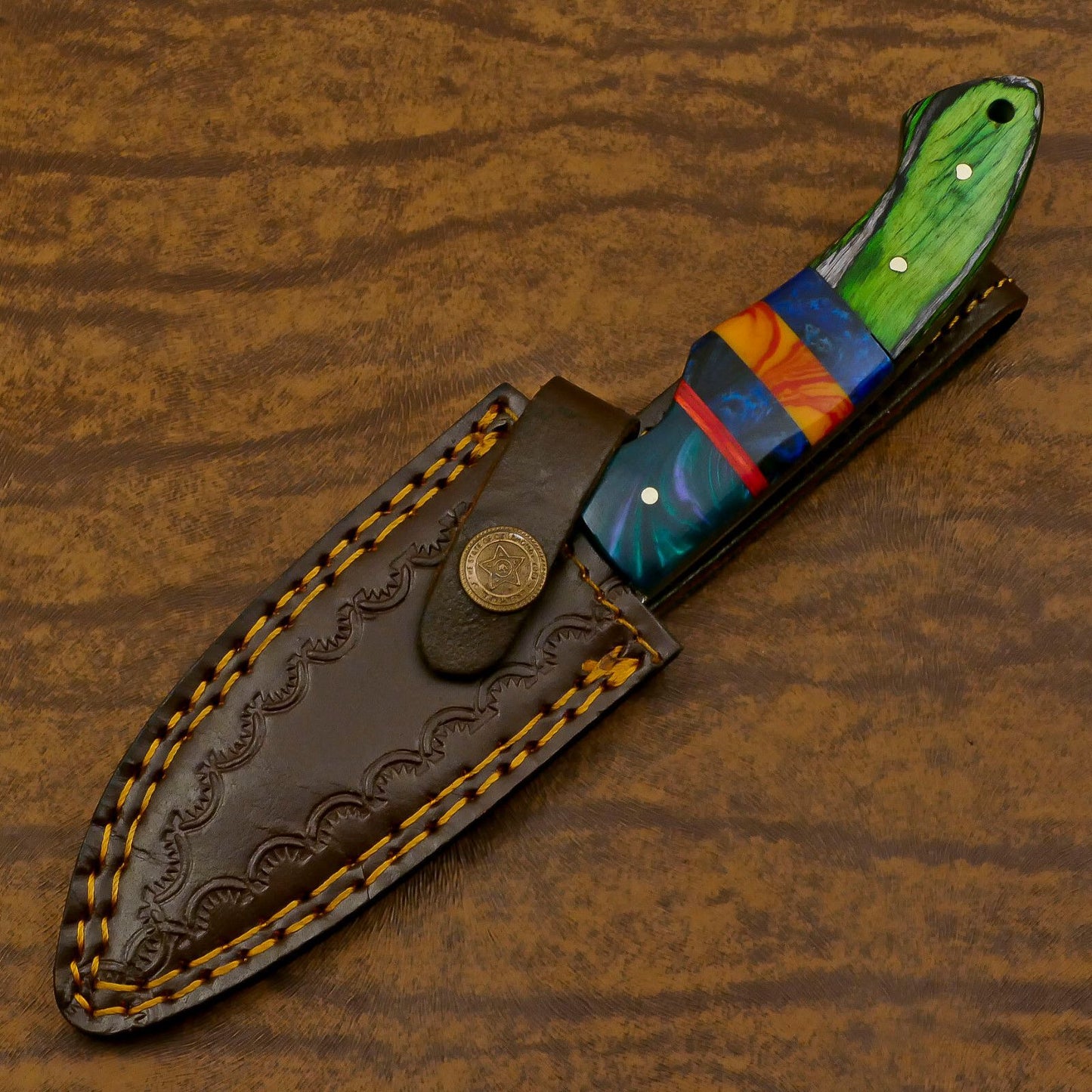 Twist Pattern Damascus Steel Skinner Knife with Resin Wood Handle – Handmade EDC Hunting Blade