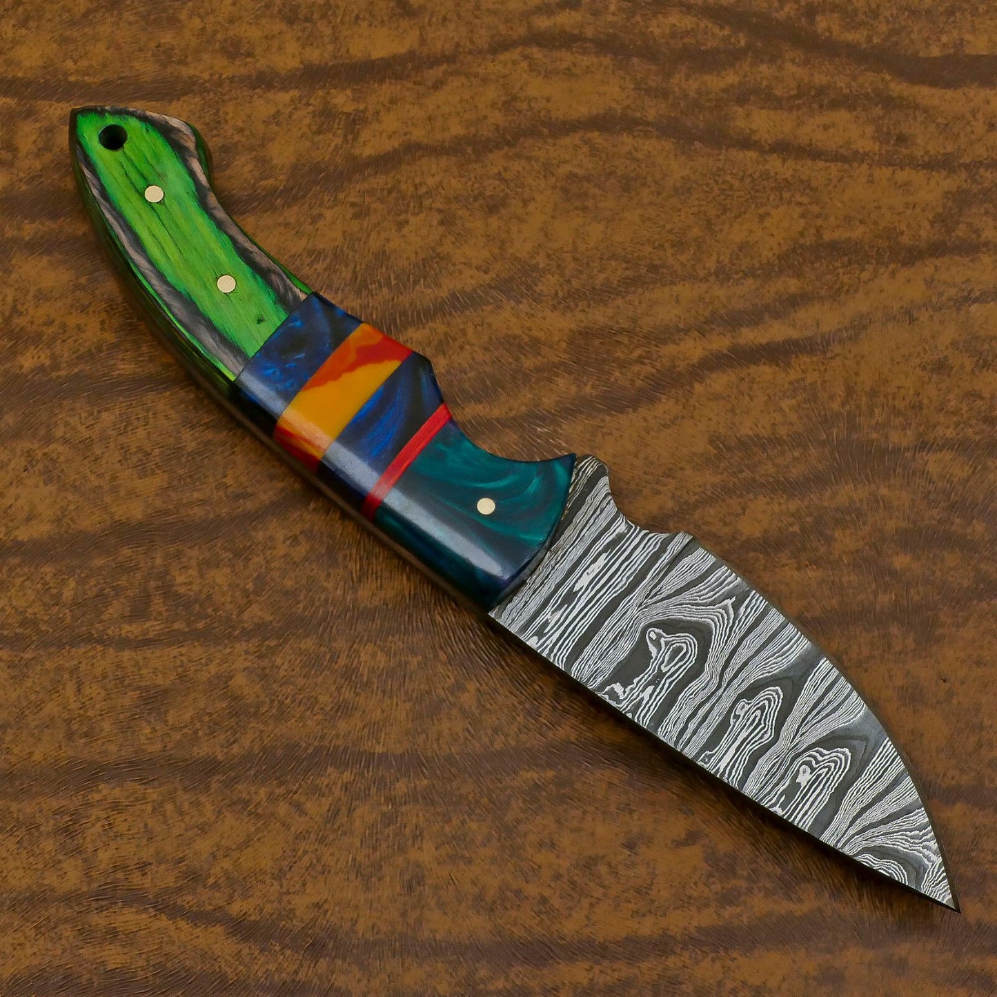 Twist Pattern Damascus Steel Skinner Knife with Resin Wood Handle – Handmade EDC Hunting Blade
