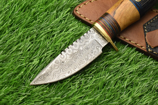 Hand Forged Damascus Skinner Knife with Olive Wood Handle and Brass Guard