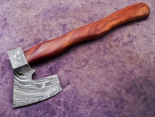 Handmade Damascus Steel Axe 16-Inch with Natural Wood Handle and Leather Sheath