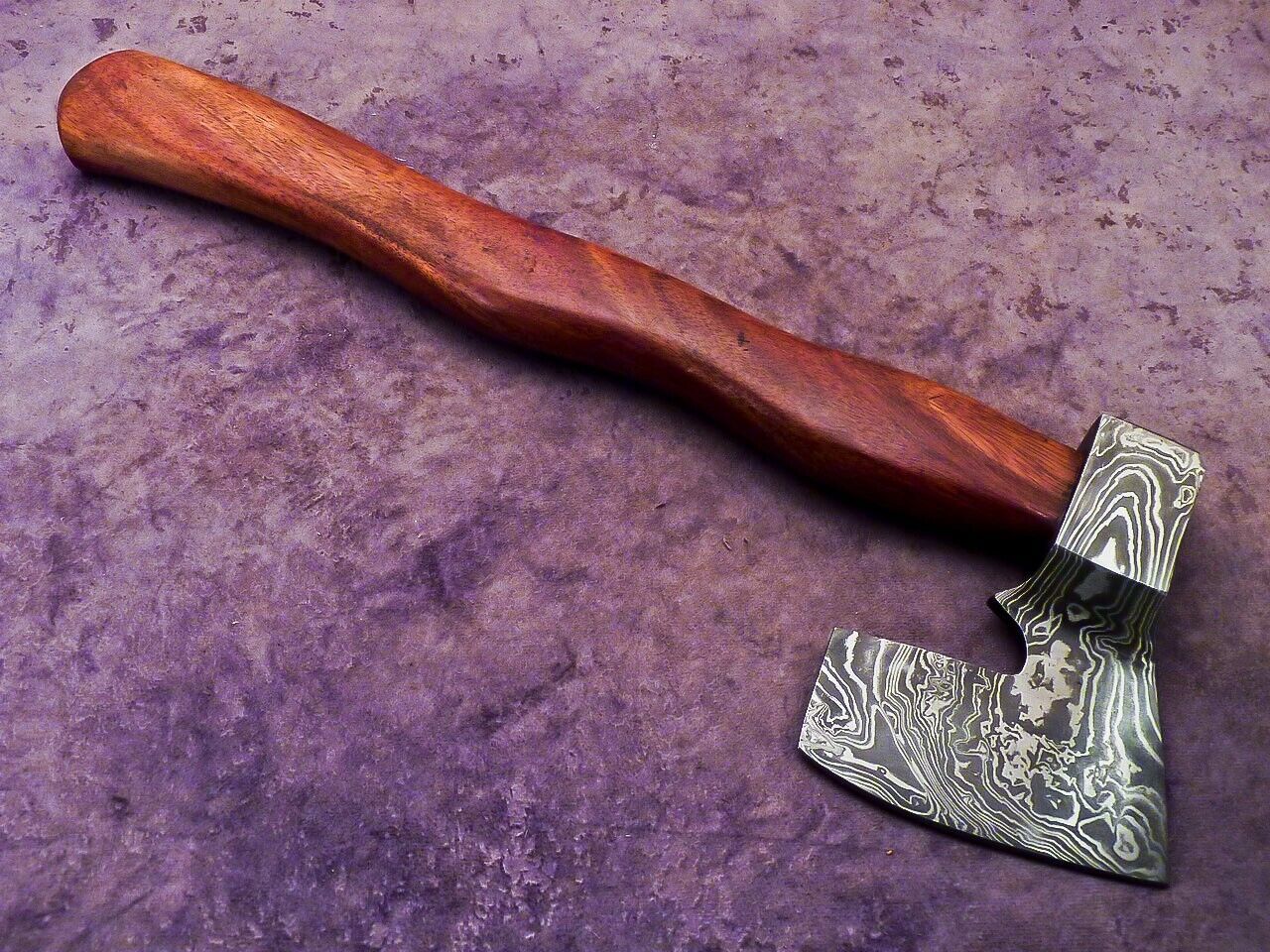 Handmade Damascus Steel Axe 16-Inch with Natural Wood Handle and Leather Sheath
