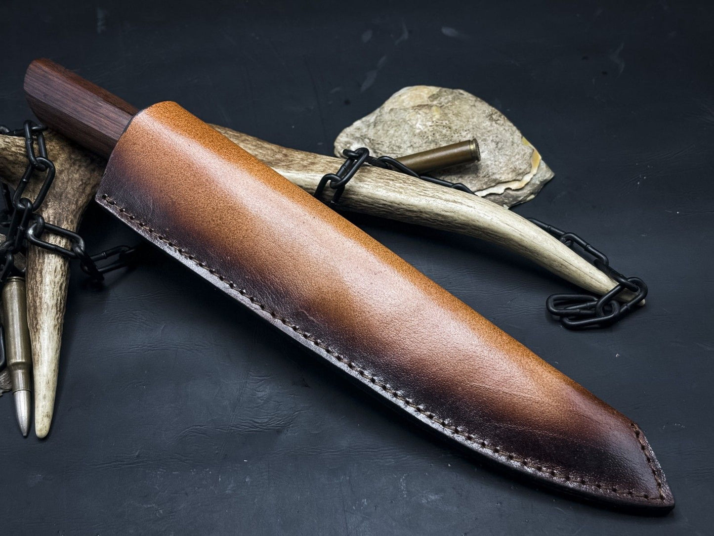 Handmade Damascus Steel Kitchen Chef EDC Knife – Wood Handle with Cow Leather Sheath – Made in Pakistan