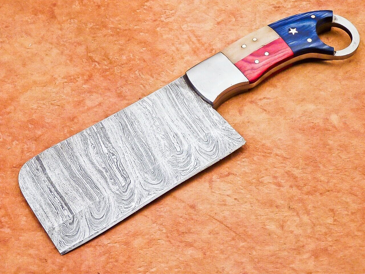 10" Handmade Damascus Steel Chef Chopper Cleaver – Camel Bone & Hardwood Handle, With Leather Sheath