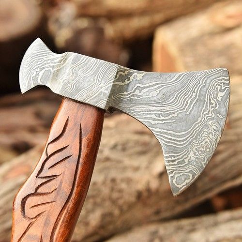 Custom Hand Forged Damascus Steel Viking Bearded Camping Hatchet Tomahawk Axe | Natural Wood Handle & Leather Sheath