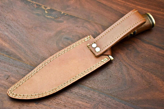 12" Damascus Steel Bowie Knife – Walnut Wood Handle & Leather Sheath
