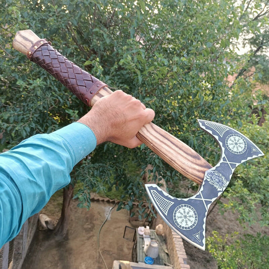 Handmade Viking Double-Edged Axe – Bearded Hand Forged Axe with Leather Wrap