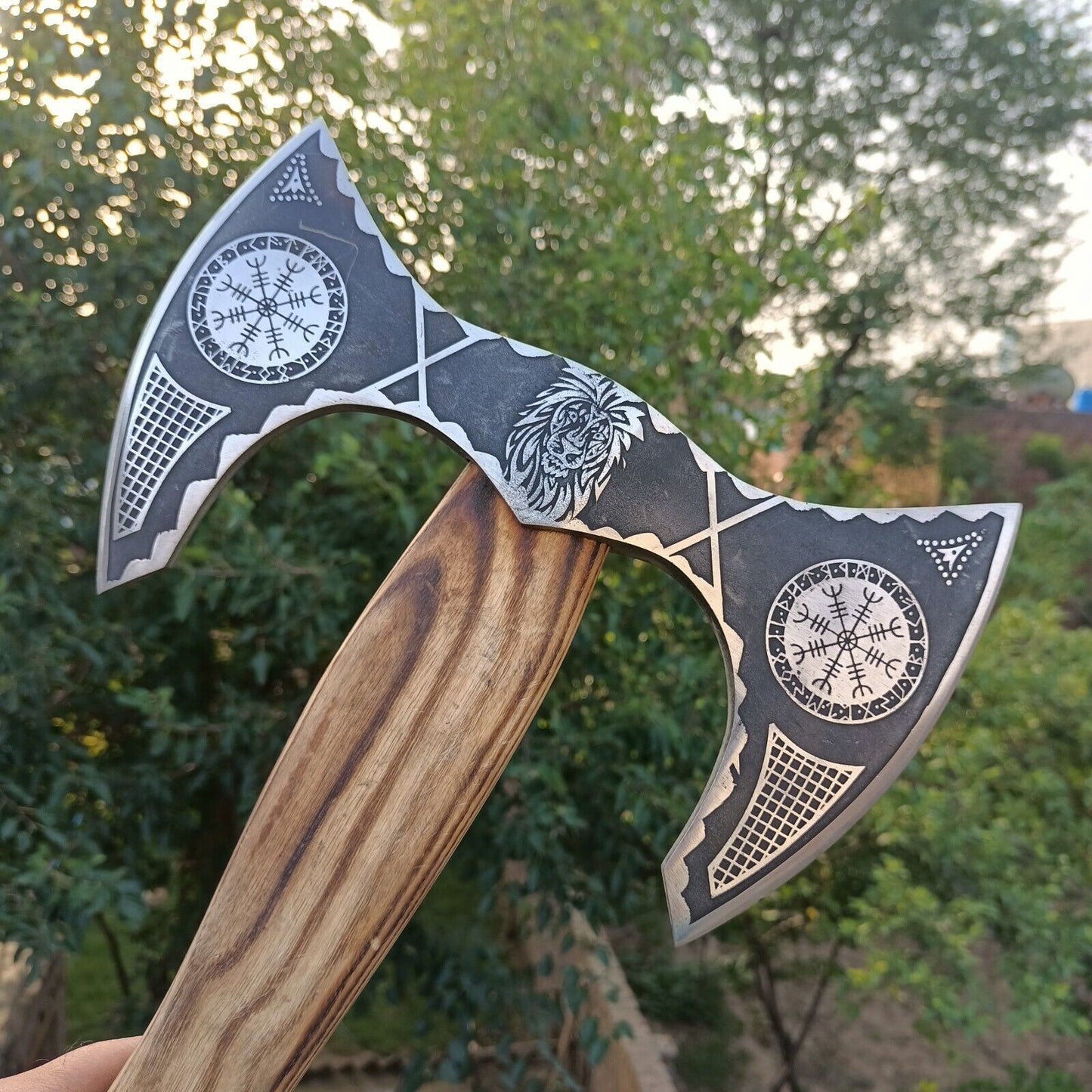 Handmade Viking Double-Edged Axe – Bearded Hand Forged Axe with Leather Wrap