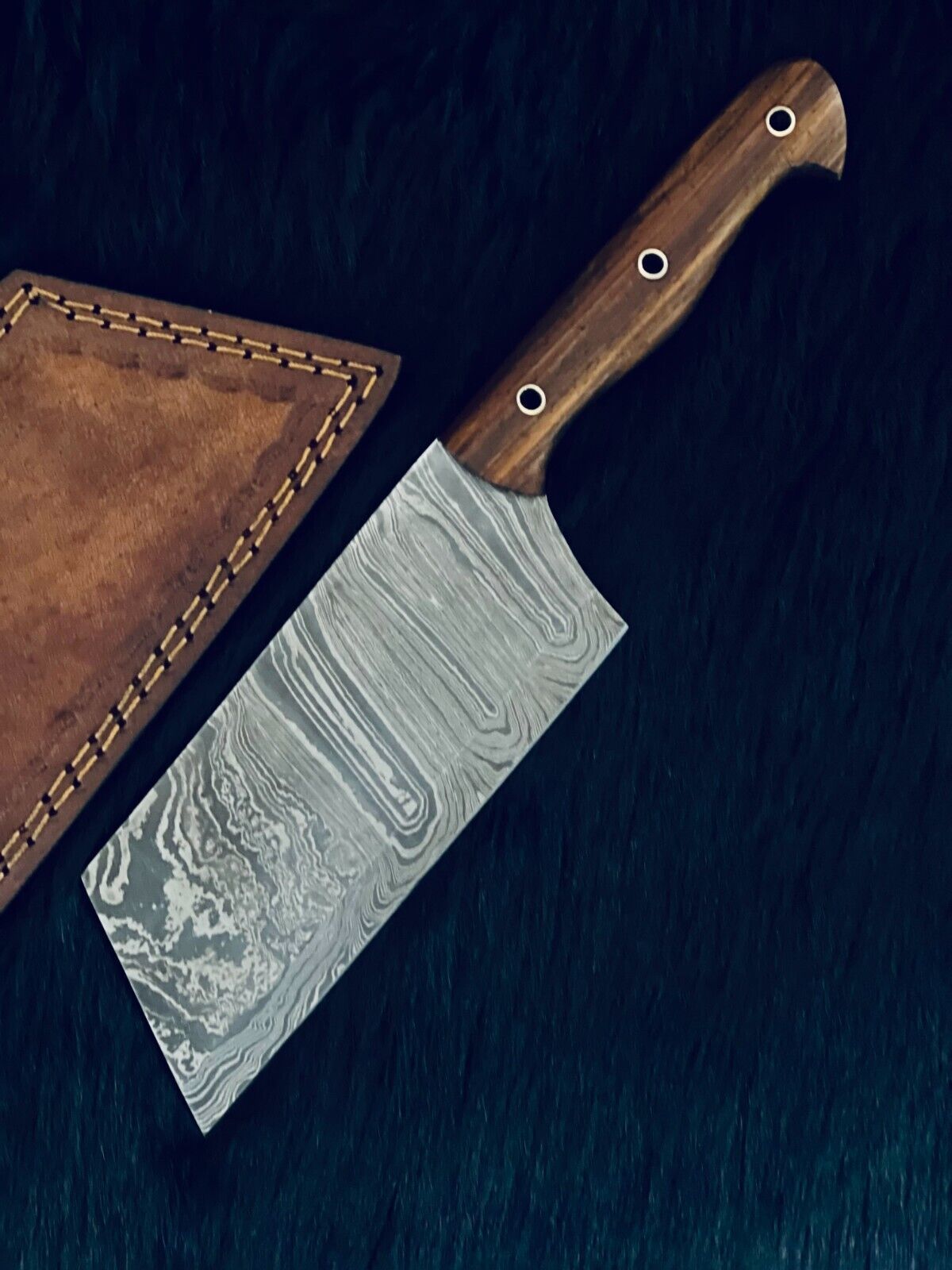 11" Twist Damascus Cleaver Bowie Knife – Wood Handle