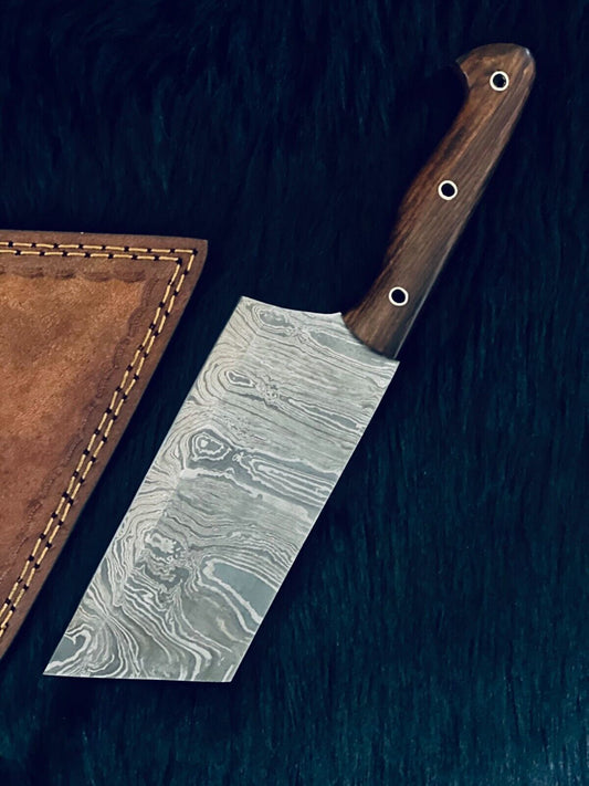 11" Twist Damascus Cleaver Bowie Knife – Wood Handle