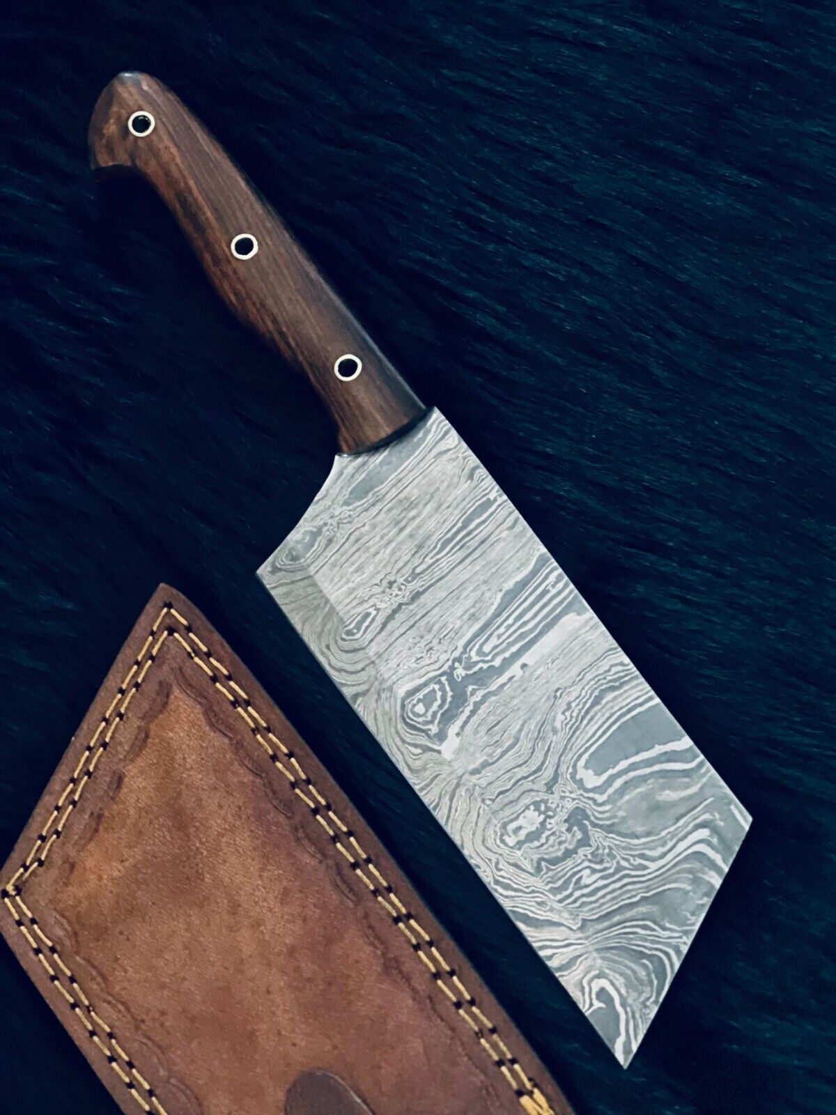 11" Twist Damascus Cleaver Bowie Knife – Wood Handle