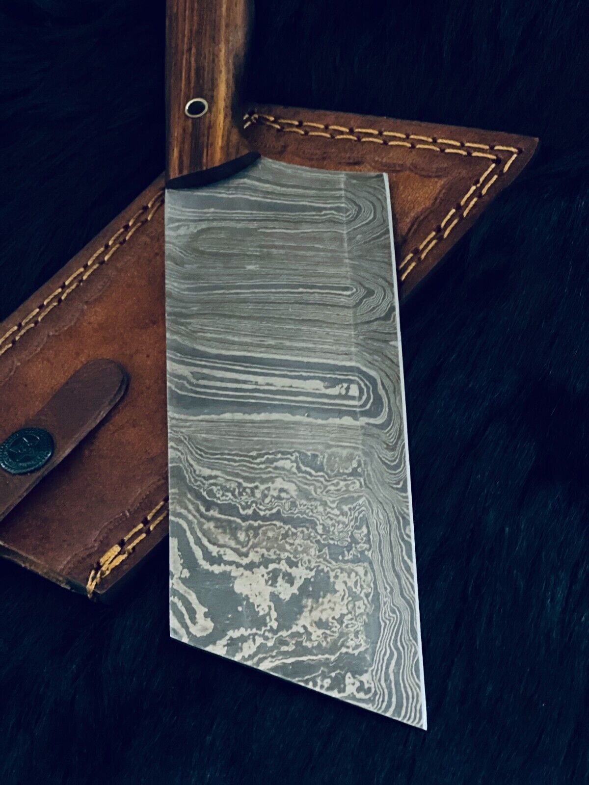 11" Twist Damascus Cleaver Bowie Knife – Wood Handle