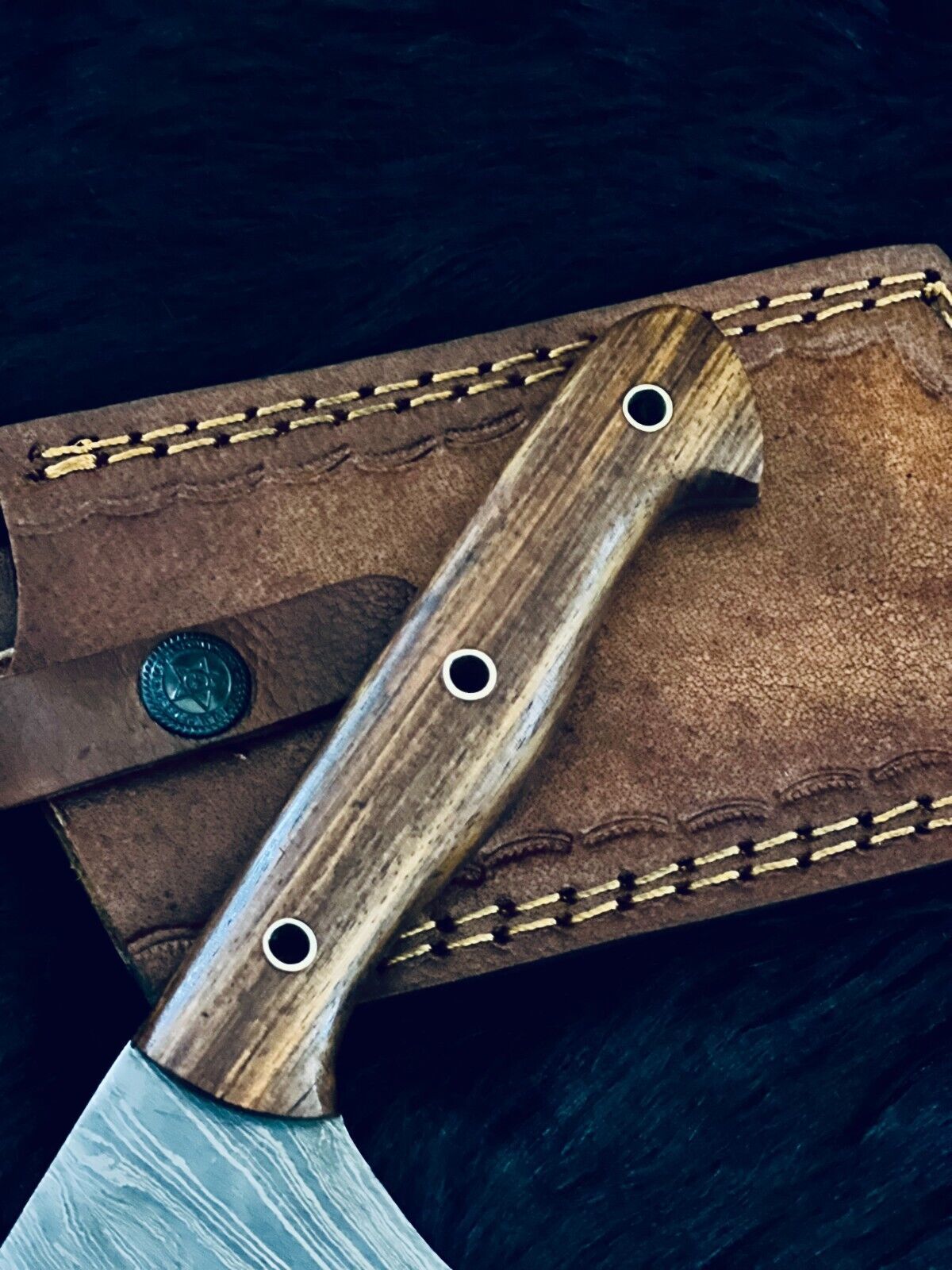 11" Twist Damascus Cleaver Bowie Knife – Wood Handle