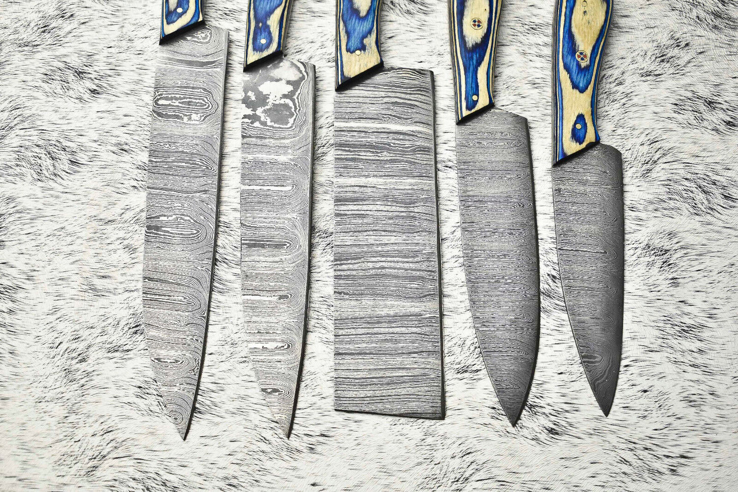 Stunning Custom Lot of 5 Handmade Hammered Damascus Steel Blade Chef Knife Set
