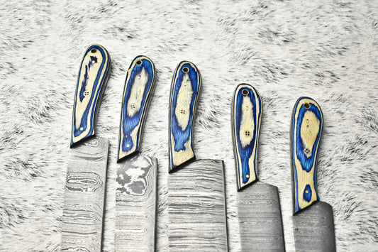 Stunning Custom Lot of 5 Handmade Hammered Damascus Steel Blade Chef Knife Set