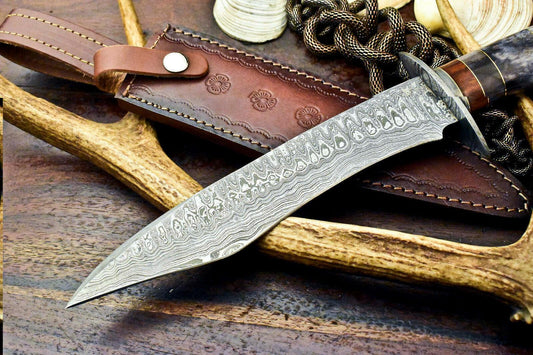 15" Handmade Damascus Bowie Knife | Engraved Camel Bone Handle