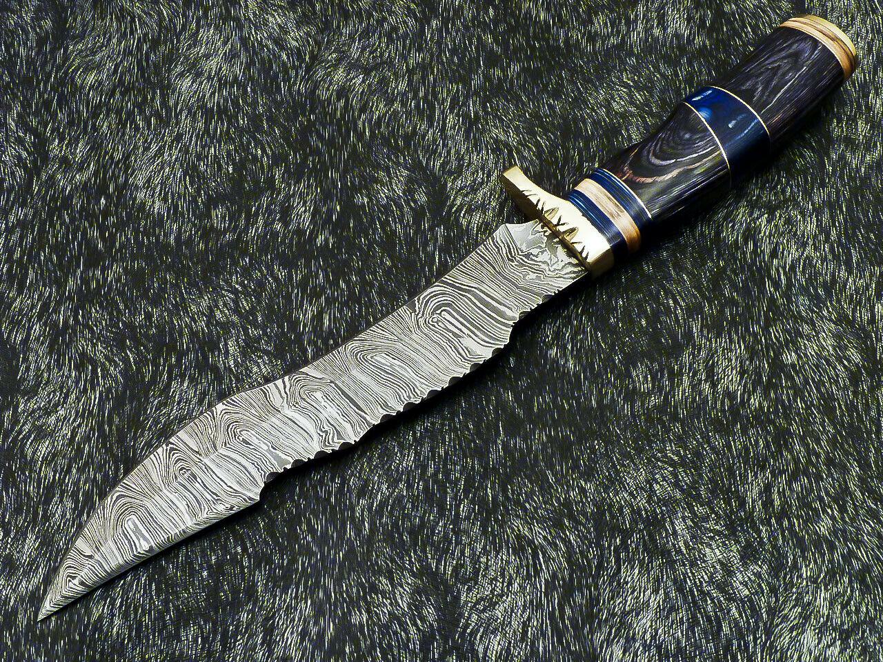 Authentic 14" Handmade Damascus Bowie Hunting Knife – Hardwood Handle with Leather Sheath